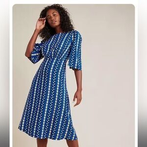 The Odells Anthropologie Marjorie Geo Midi Dress 3/4 Puff Sleeve Blue Small
